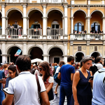 **

Prompt: A bustling Italian piazza scene. People using smartphones and tablets. Digital information flowing around them. Focus on the contrast between traditional Italian life and the digital revolution.

**