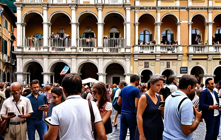 **

Prompt: A bustling Italian piazza scene. People using smartphones and tablets. Digital information flowing around them. Focus on the contrast between traditional Italian life and the digital revolution.

**