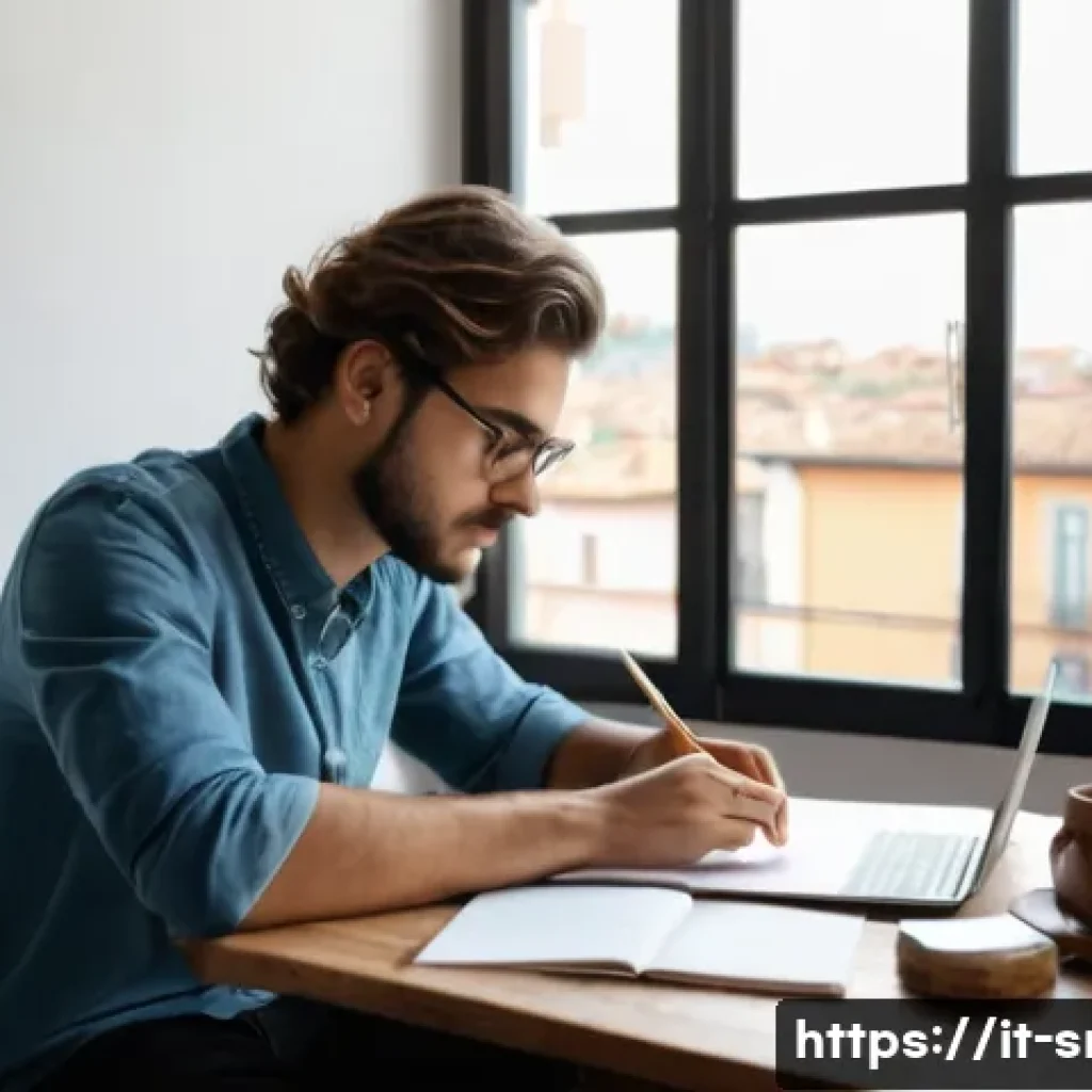 인터넷정보검색 실기 시험에서 실수를 줄이는 꿀팁 - A focused Italian student sitting at a neatly organized wooden desk in a bright, modern room with la...