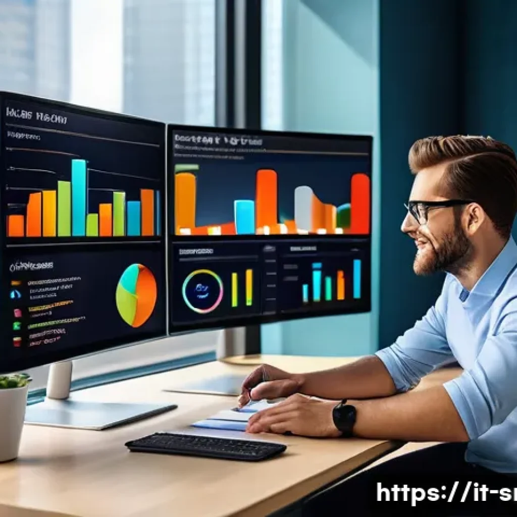 인터넷정보검색 실기 시험 대비 데이터 시각화 기법 - A modern office environment with diverse professionals collaboratively analyzing data visualizations...