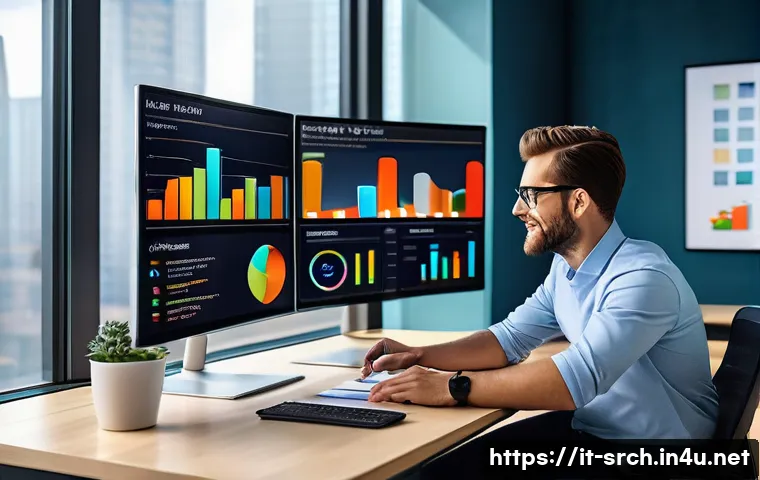 인터넷정보검색 실기 시험 대비 데이터 시각화 기법 - A modern office environment with diverse professionals collaboratively analyzing data visualizations...