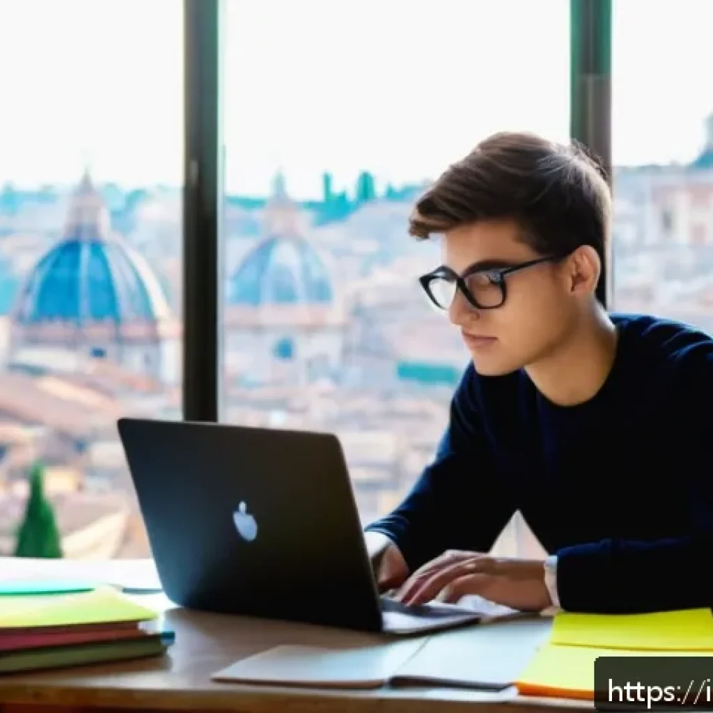 인터넷정보검색 실기 시험 대비 사례별 풀이 전략 - A focused Italian student sitting at a modern wooden desk in a bright, cozy room with large windows ...