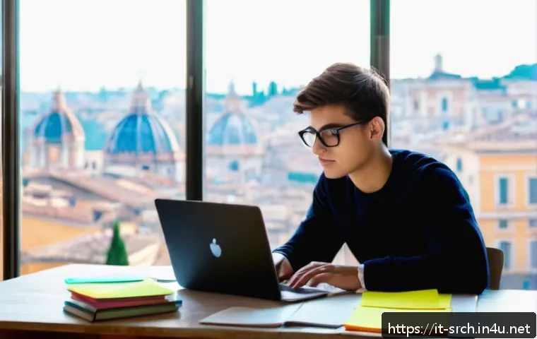 인터넷정보검색 실기 시험 대비 사례별 풀이 전략 - A focused Italian student sitting at a modern wooden desk in a bright, cozy room with large windows ...