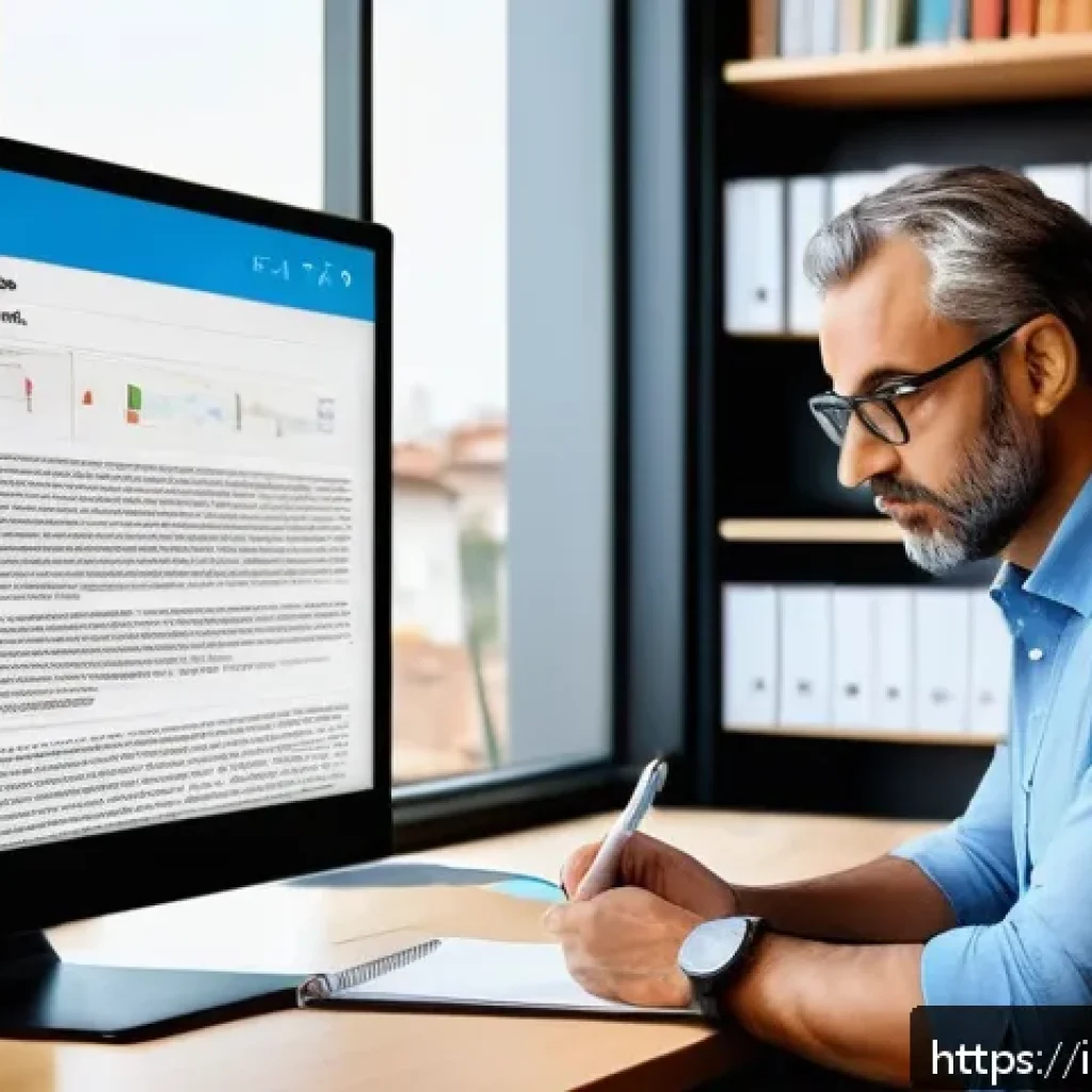 인터넷정보검색 필기 시험에서 자주 나오는 주요 이론 정리 - A professional Italian researcher in a modern home office, focused on a large computer screen displa...