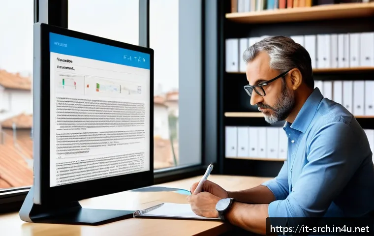 인터넷정보검색 필기 시험에서 자주 나오는 주요 이론 정리 - A professional Italian researcher in a modern home office, focused on a large computer screen displa...