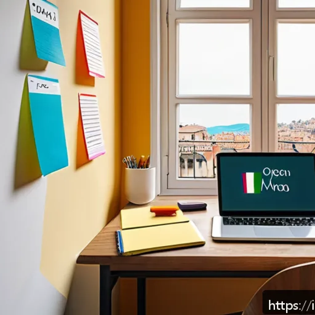 인터넷정보검색 실기 시험 대비 중요 과목 학습 전략 - A detailed illustration of a student&rsquo;s desk in a cozy Italian study room, featuring an open laptop d...
