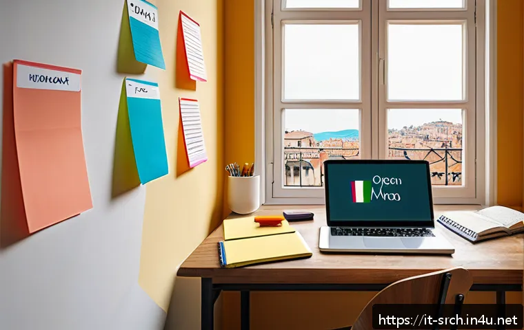 인터넷정보검색 실기 시험 대비 중요 과목 학습 전략 - A detailed illustration of a student’s desk in a cozy Italian study room, featuring an open laptop d...