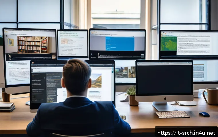 인터넷정보검색 자격증과 디지털 리서치 기술의 연계성 - A modern digital workspace scene featuring a professional researcher in their 30s, sitting at a slee...
