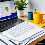 인터넷정보검색 실기 시험 대비 자동화 검색 공부법 - A modern study desk setup with a laptop displaying an organized digital research workspace, includin...
