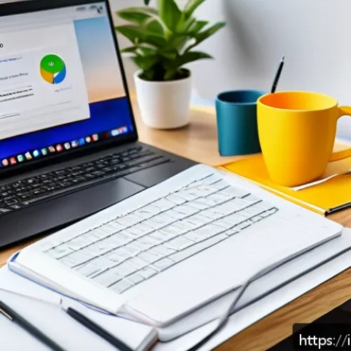 인터넷정보검색 실기 시험 대비 자동화 검색 공부법 - A modern study desk setup with a laptop displaying an organized digital research workspace, includin...