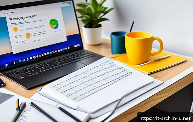 인터넷정보검색 실기 시험 대비 자동화 검색 공부법 - A modern study desk setup with a laptop displaying an organized digital research workspace, includin...