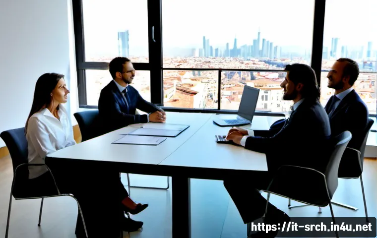 Home 17 인터넷정보검색 자격증 취득 후 대기업 데이터 리서치 팀 합류기 - Photorealistic Italian corporate data research team meeting in a bright Milan office, a newly certif...